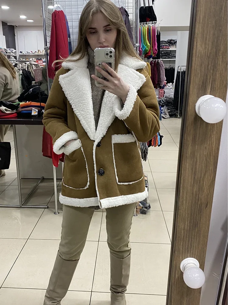 

Winter Women Warm Fur Sheepskin Suede Fleece Coat Jackets Lamb Wool Thicken Locomotive Lapel Female Chic Outwear Teddy Coat