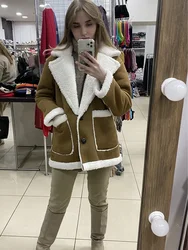 Winter Women Warm Fur Sheepskin Suede Fleece Coat Jackets Lamb Wool Thicken Locomotive Lapel Female Chic Outwear Teddy Coat