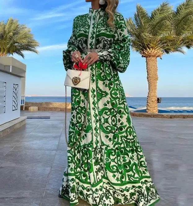 Lente zomer nieuwe vrouwen vestidos mode retro print elegante kant paneel shirt lange jurk vrouwelijke formele jurken