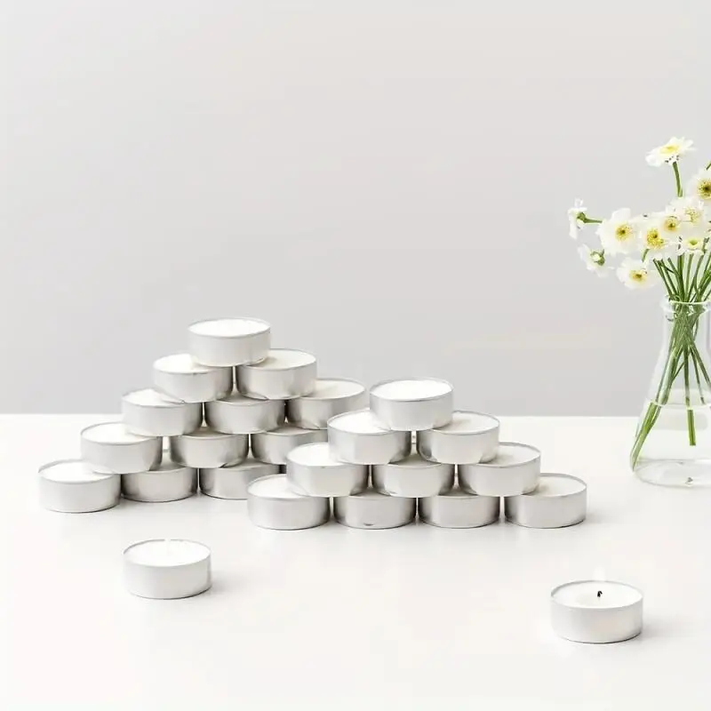 10/20/100 Stück runde Teekerzen aus Aluminium, Teekerzen zur Wärmeerhaltung, kleine Kerzen für Partys, Heimdekoration, rauchfreie Kerzen – Detail 3