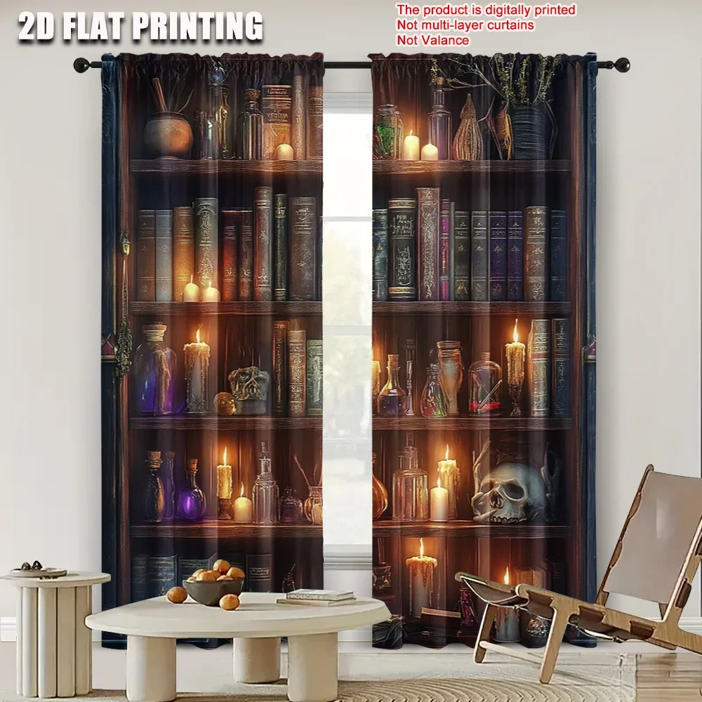 Academia Library Bookshelf Curtain Pair 2pcs Vintage Study Window Drapes Dark Moody Aesthetic Home Room Curtain