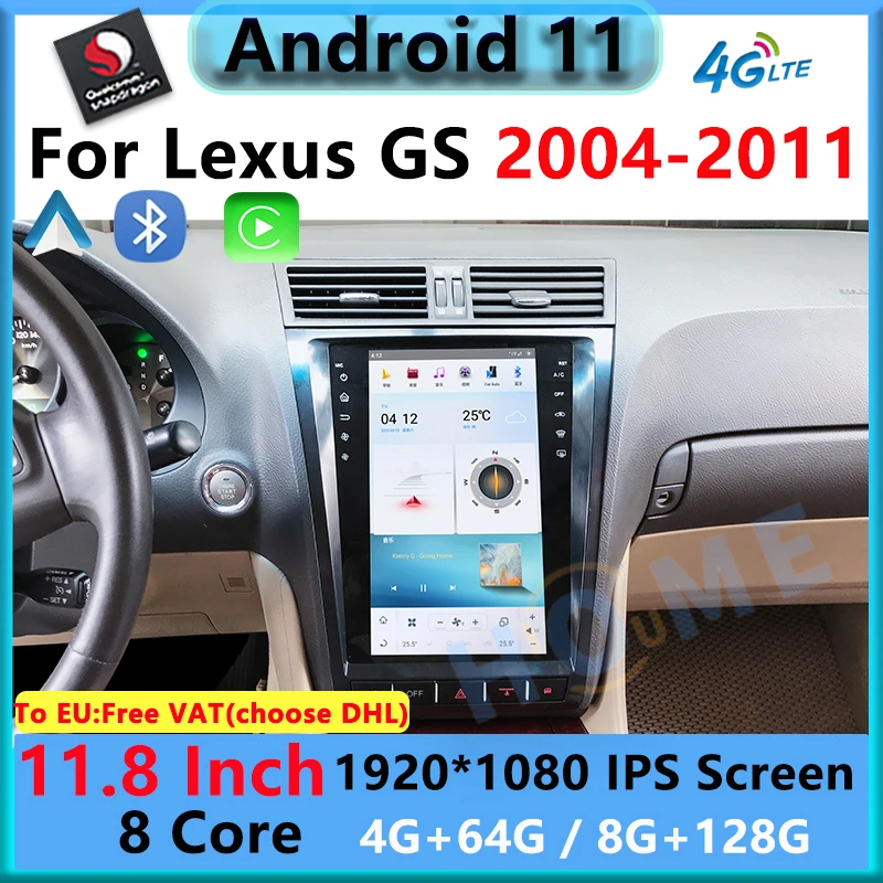 

11.8 " Vertical Screen Android 11 Car Radio GPS Navigation Multimedia Player CarPlay For Lexus GS 200T 300H 2004-2011 4G WiFi