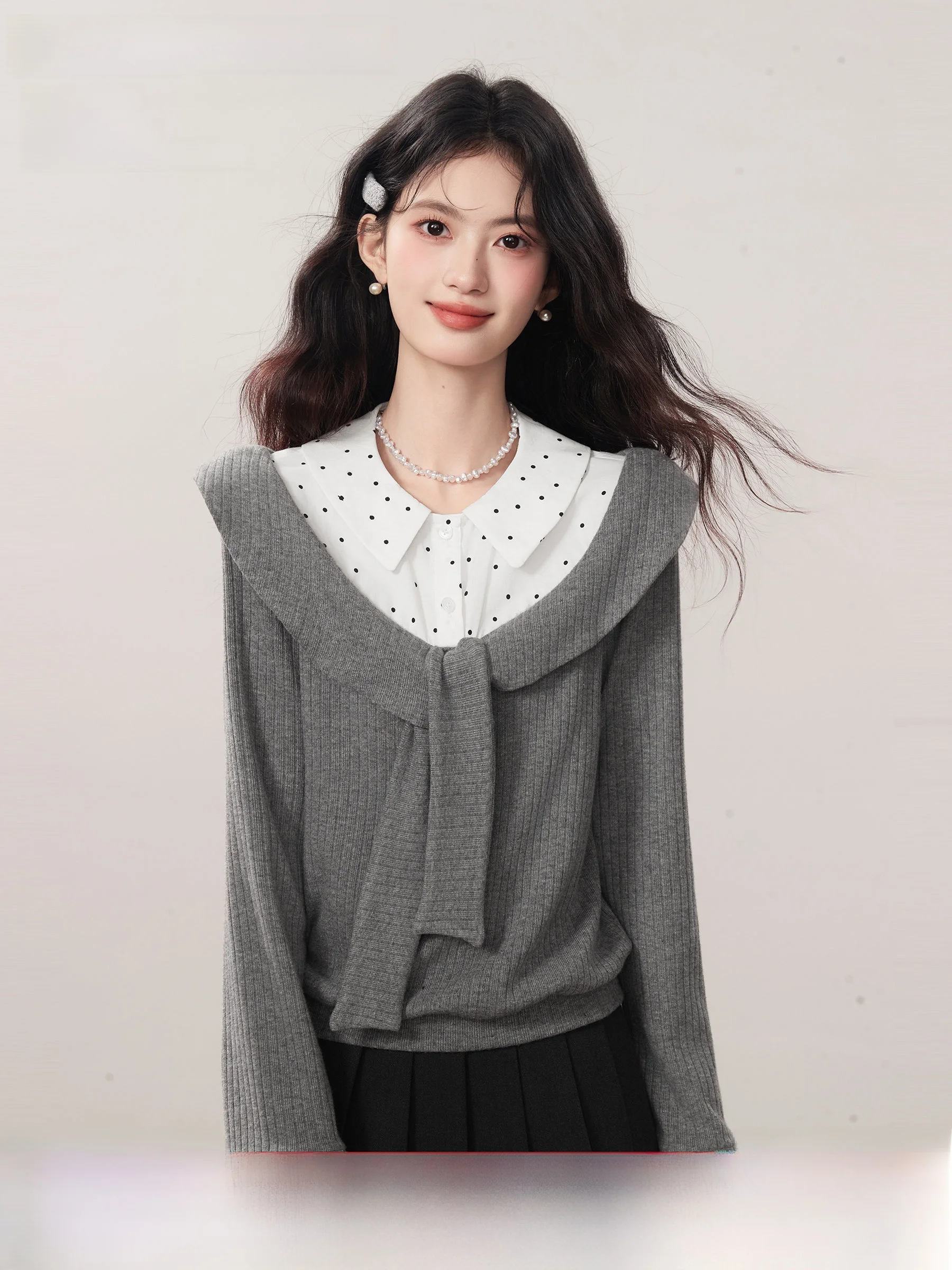 

Lazy Sle Splicing Knitted Sweater Women's Winter New College Sle Slimming Fake Two-Piece Knot Polyester Fiber