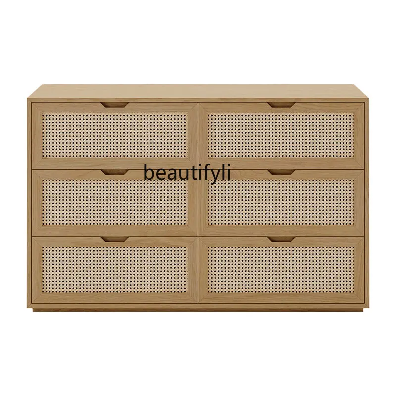 

Minimalist Rattan Solid Wood Oak Small Cabinet Bedroom Locker Storage Chest of Six Drawers