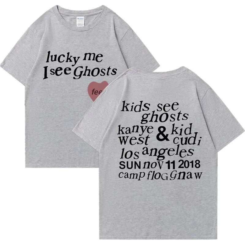 Camiseta de manga corta para hombre y mujer, ropa de calle de gran tamaño, 100% algodón, con estampado de Lucky Me I See Ghosts, Kanye West, Unisex