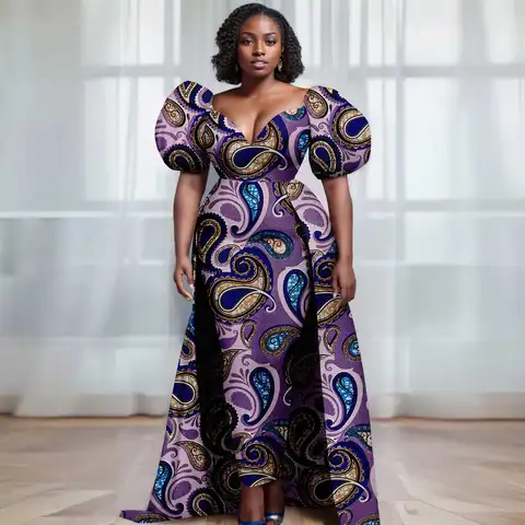 Afripride Damklänning Ankara Sexig V-ringad Bubbelärm Klänningar med Flerfärgad Ryggnedfällning 2425115 8 best sales kvinnor Ankara modeklänning - №5