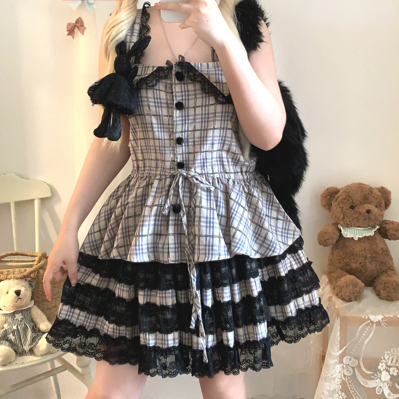 Harajuku Y2k Plaid Skirt 2 Piece Set Women Japanese Style Lace Vest Crop Tops Kawaii Mini Tiered Skirt Suit Gothic Lolita Outfit