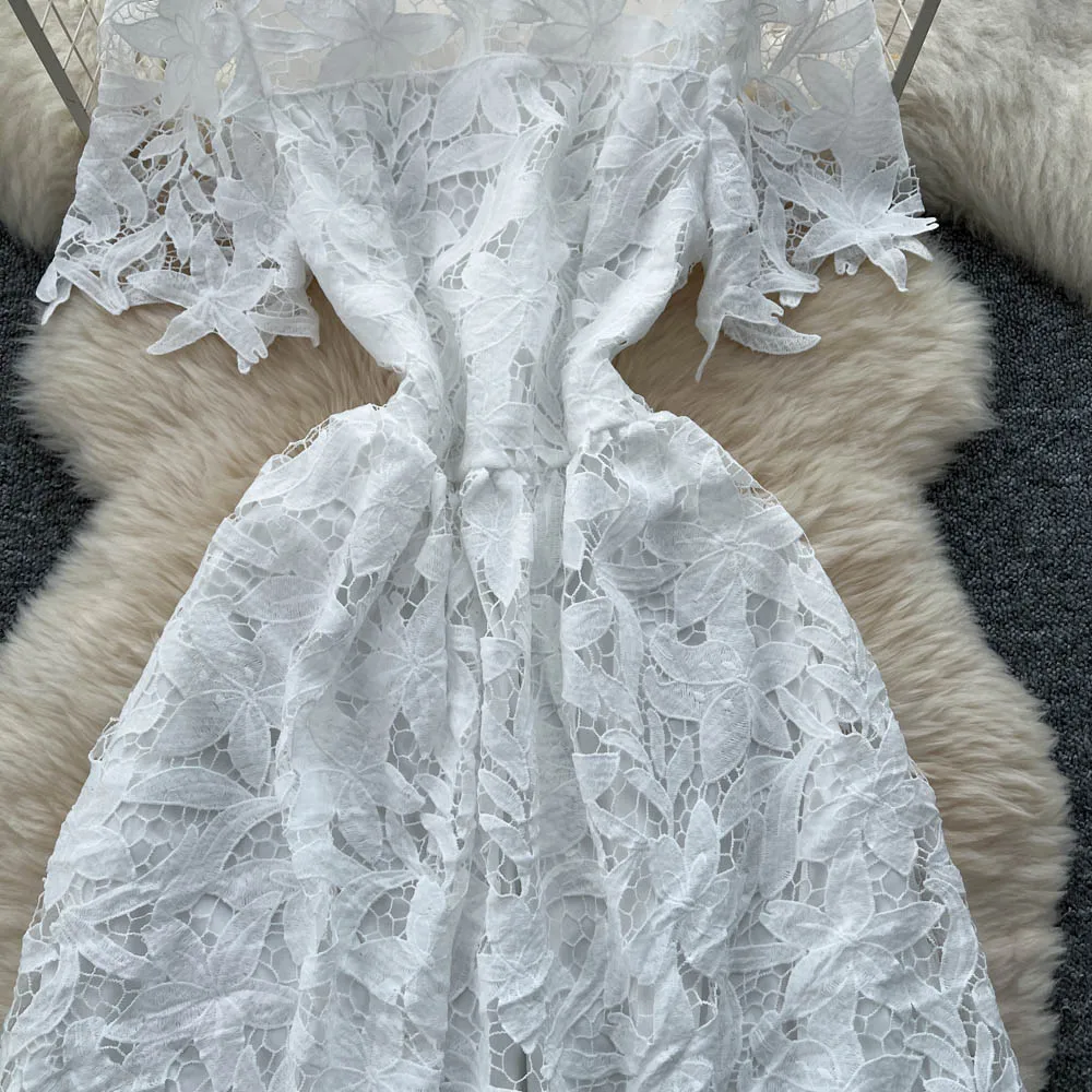 Chic Vintage Haken Blume hohl Kurzarm elegante Fee koreanische Mode Boho Kleid Frauen Kleidung Kleid