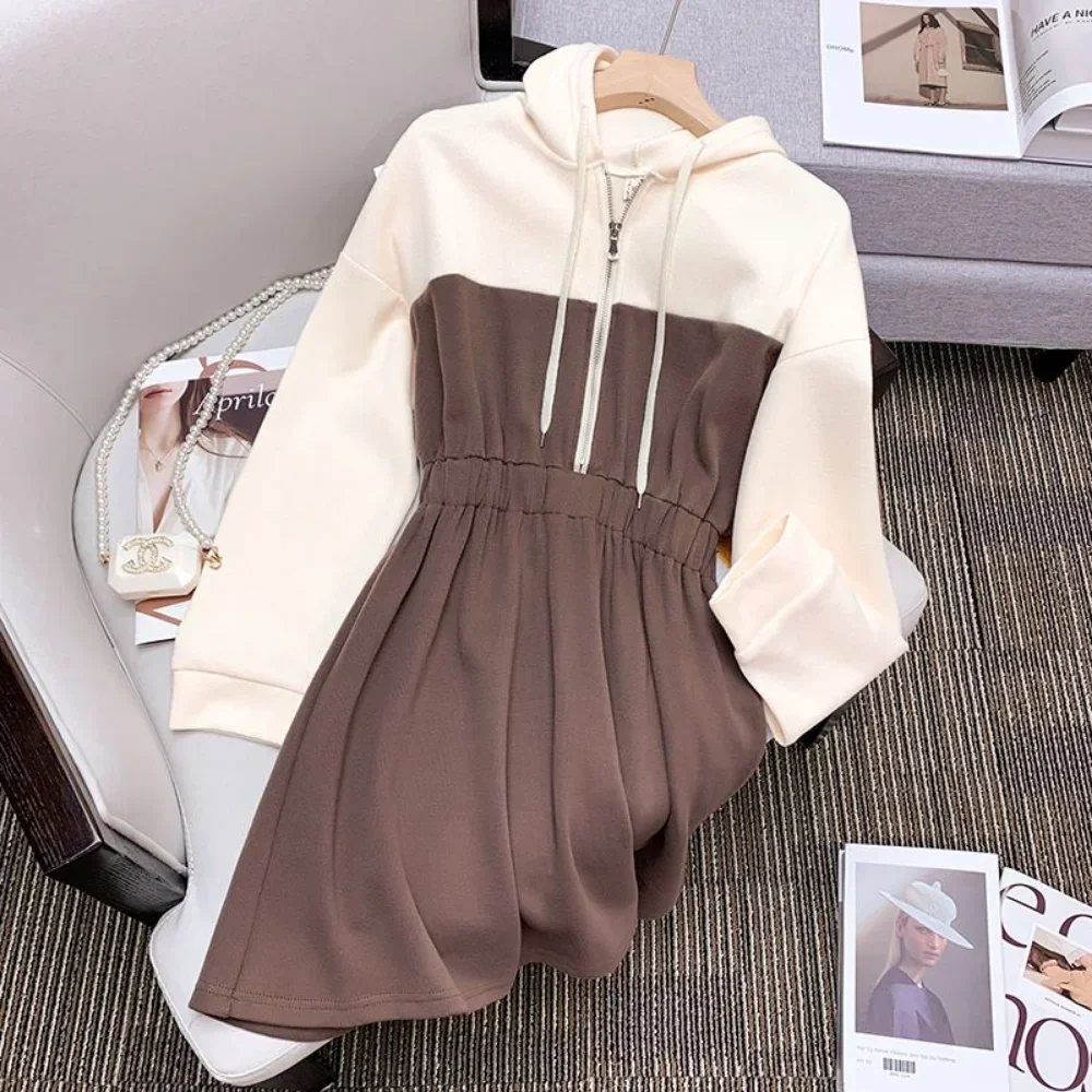 2023 Spring And Autumn Ladies Knee-Length Dress Hooded Warm Sweatshirt Long Sleeve Camp Collar Pocket Simple Casual Sports Dress