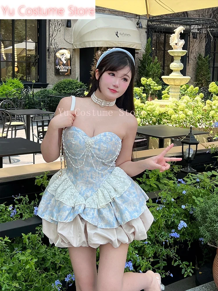 

Sweet Elegance Retro Jacquard Strapless Dress for Women Lolita Dresses Cute Pearl Pendant Slim Fit Patchwork Sexy Mini Dress2025