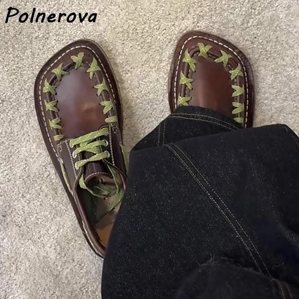 خليط عبر تعادل مضخات الخياطة الدانتيل يصل ساحة تو شقة مع أحذية سوداء بنية المرأة جلدية موضة أحذية الربيع 2025