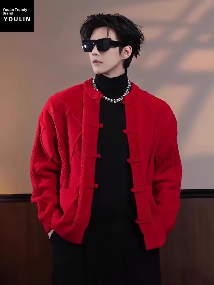 

Red Flannel Knitted Sweater Men's Winter Lazy High-End Feeling National Sle Button Cardigan Woolen Coat Outerwear