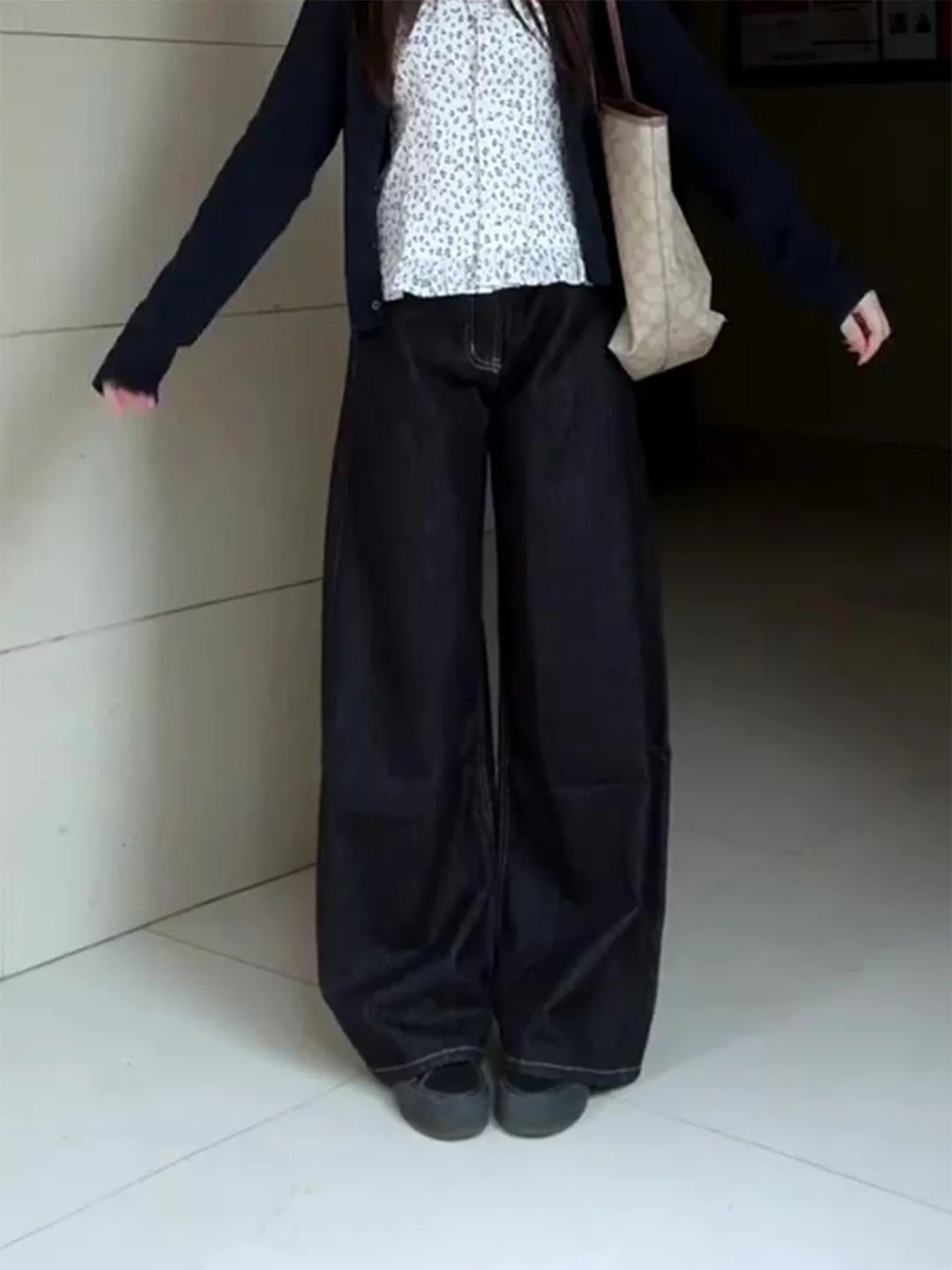 

High Waist Straight Leg Dark Wash Denim Jeans Women's Summer New Wide Leg Pants Retro Style Pure Color Spring Summer Casual