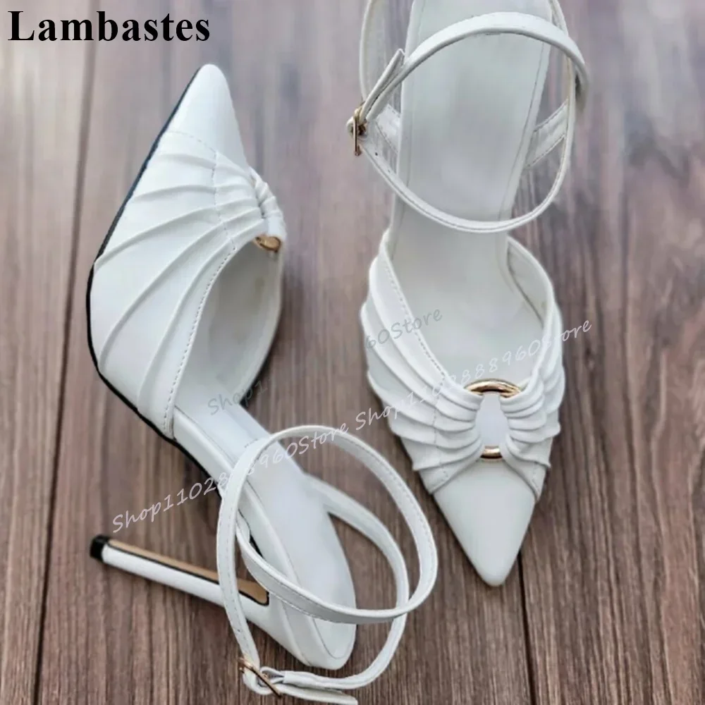 

White Leather Ruffles Iron Ring Pointy Sandals Stilettos High Heel Shoes For Women Ankle Buckle Strap Pointed Wedding Sandals