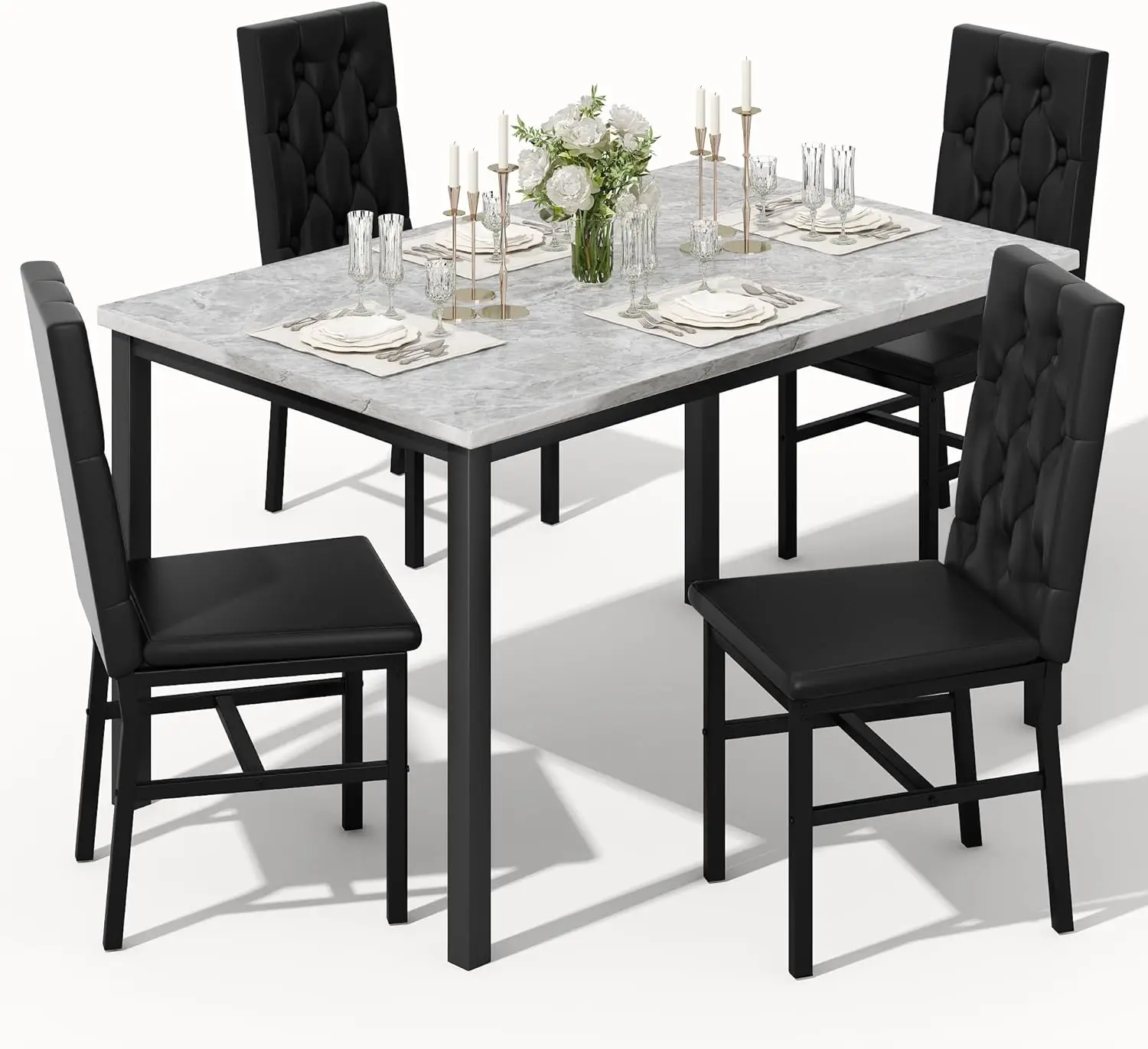Dining Table Set for 4, Faux Marble Kitchen Table with 4 Button Tufted Chairs (Gray)
