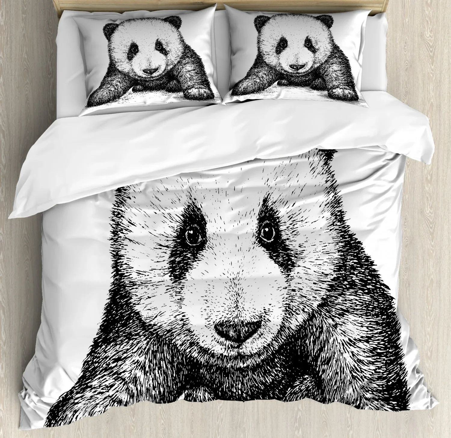 Panda Kid Queen/King Size Duvet Cover Panda Illustration Sketch Style,Asian Nature Wild Animal Polyester Quilt Cover Black White