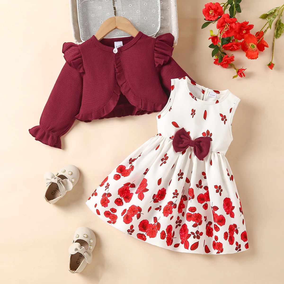 

Autumn Winter Girls' Set Sweet Butterfly Dress & Coat Floral Vest & Short Dress 2-Piece Outfit
