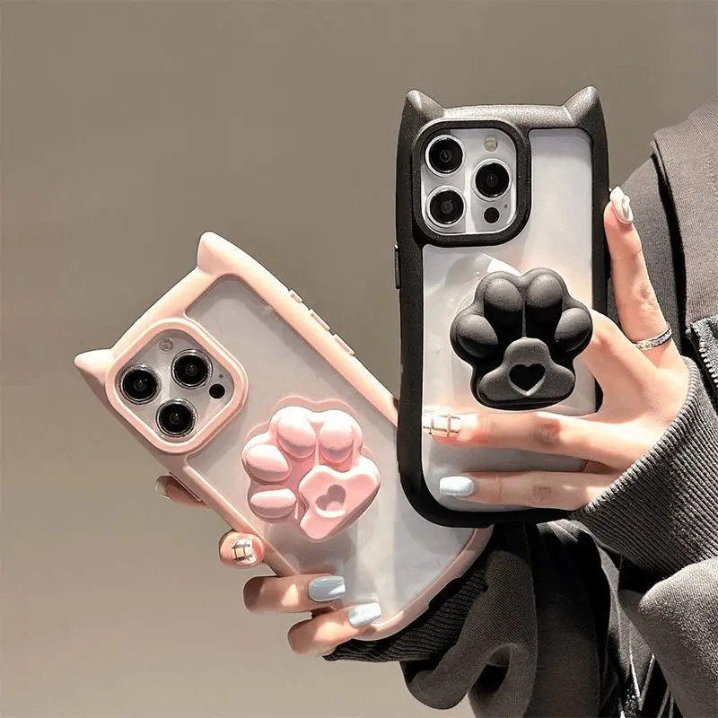 INS Cute 3D Cat Ear Claw Grip Tok Holder Phone Case for iPhone 15 14 13 12 11 Pro Max XR X XS Shockproof Transparent Back Cover