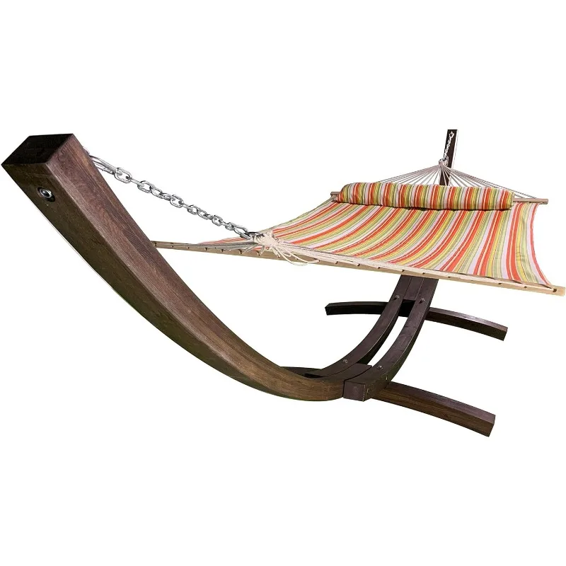 

14 Ft. Wooden Arc Hammock Stand + Deluxe Quilted Double Padded Hammock Bed w/Pillow. 2 Person Bed. 450 LB Capacity