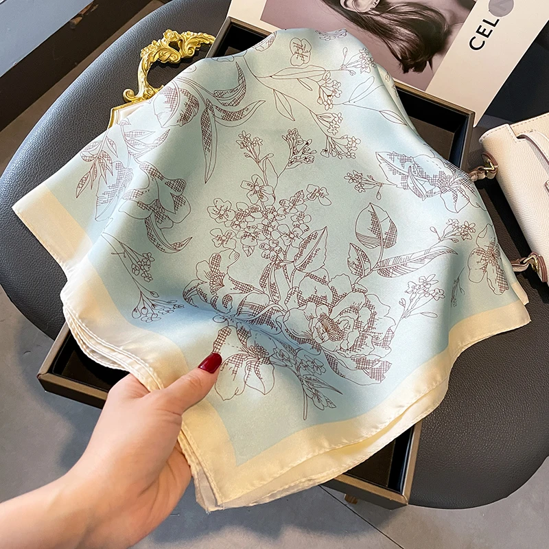 Beach Sunscreen Kerchief Luxury Design Square Scarves Women Popular 70X70CM Silk Hijab The Four Seasons Headscarf 2024 New