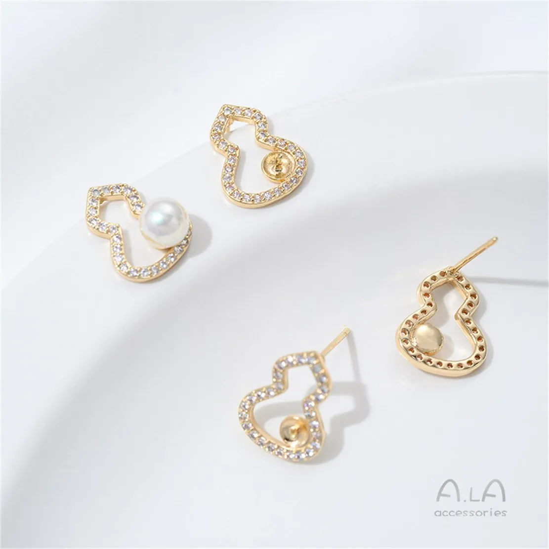 

R588 14K Copper-clad Real Gold Inlaid Zirconium Gourd Bead Ear Stud Silver Needle Diy Hand-glued Pearl Earrings Accessory
