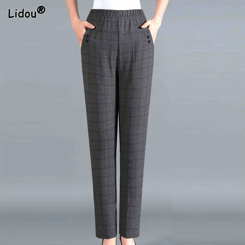 

black Gray color plus size Middle aged elderly women pants elastic waist plaid office lady high harem ankle-length pants loose