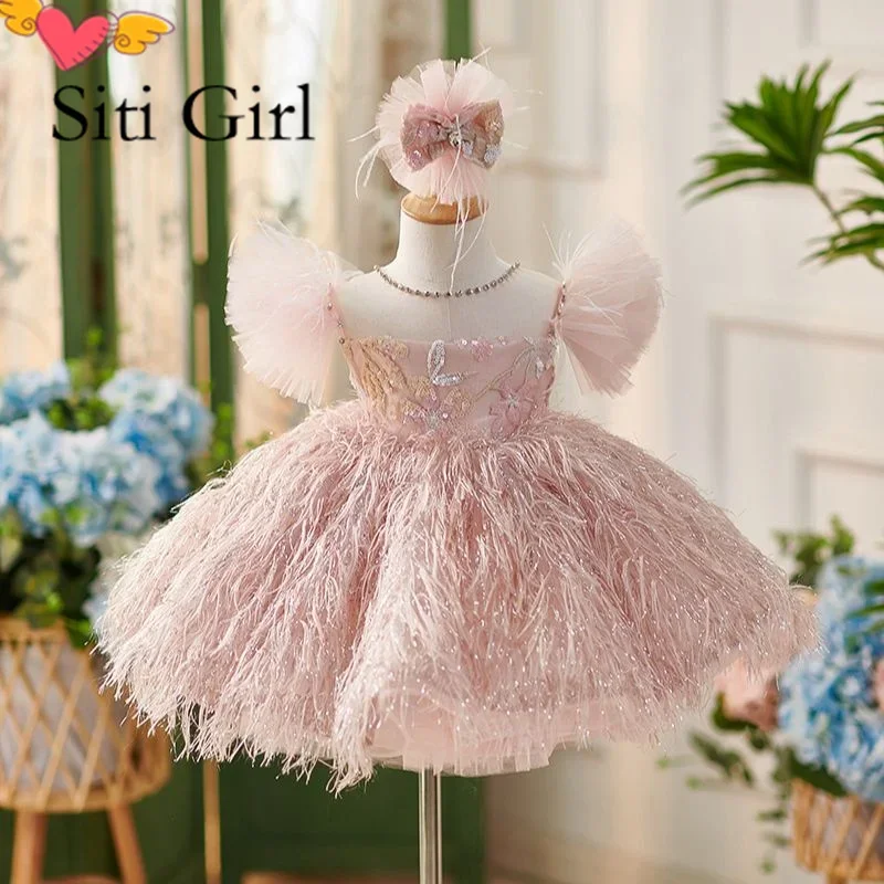 Feather luxurious Girl Party Dresses Elegant Puffy Girl Princess Dress Children Layer Lush Birthday Wedding Evening Dress 1y-14y