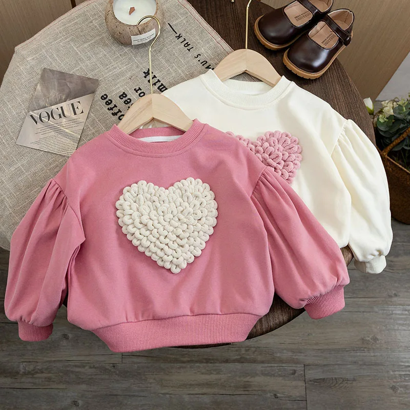 Children Autumn Winter Love Heart O-Neck Pullovers Casual Loose Hooded Sweater Tops Girls Puff Sleeve Hoodies Children Clothing