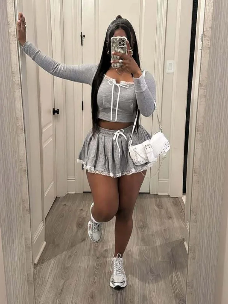 Kliou Kant Patchwork Vrouwen 2 Delige Set Casual Solid Bandage Ronde Hals Volledige Mouw Tops + A-lijn Mini Rokken Vrouwelijke trend Streetwear