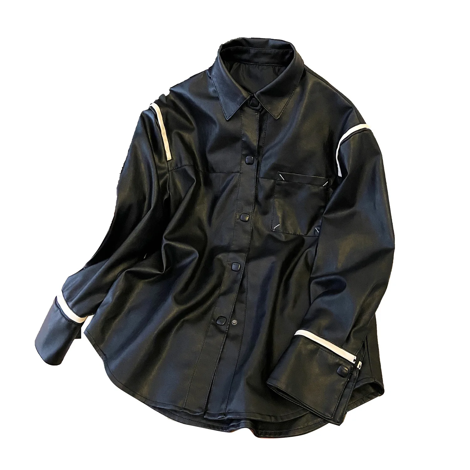 

Chinese Style Black Casual Leather Jacket Women's Fashionable Korean Street Style Spring New Coat Long Sleeve