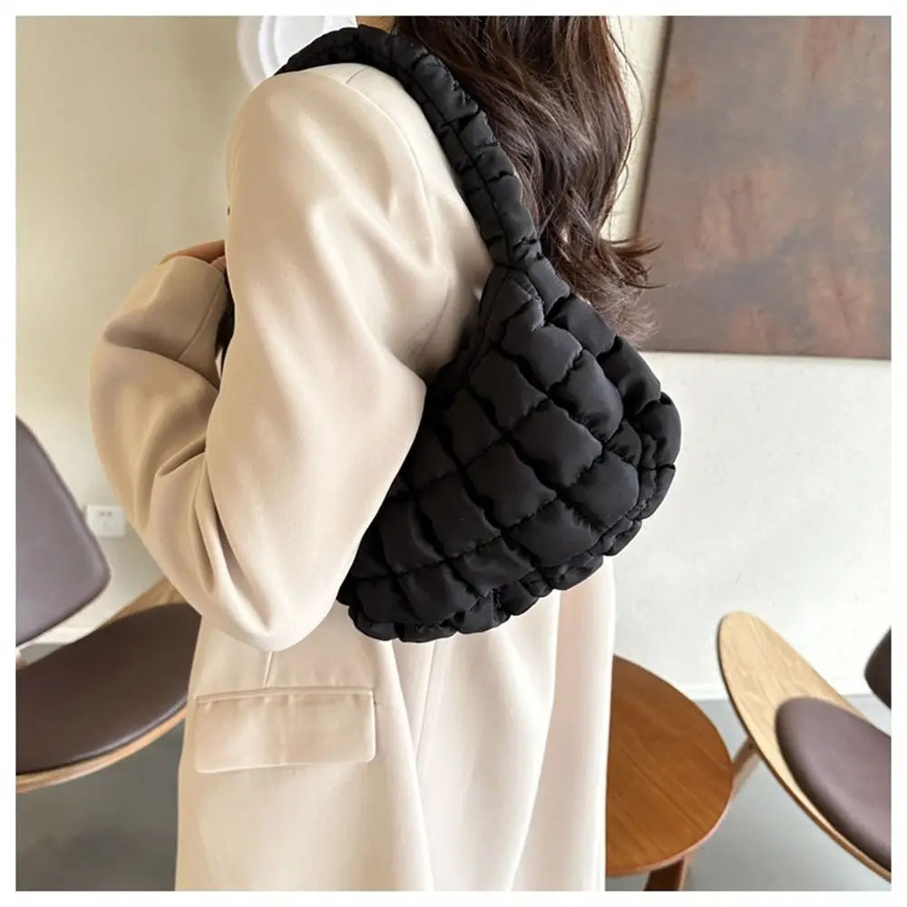 Women Small Quilted Tote Bags Winter Lightweight Down Cotton Padded Plaid Shoulder Bags Fashion Underarm Bags Puffy Handbags