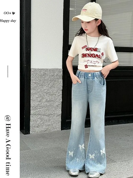 Girls High Waist Embroidered  Loose Thin Jeans Flared Pants Autumn New Style Korean Version Long Pants for Teens