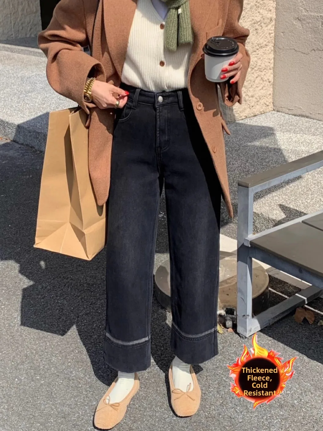 

Thickened Fleece Composite Velvet Wide Leg Jeans High Waist Winter Style 2024 Warm Nine Point Straight Leg Women Slimming Ver...