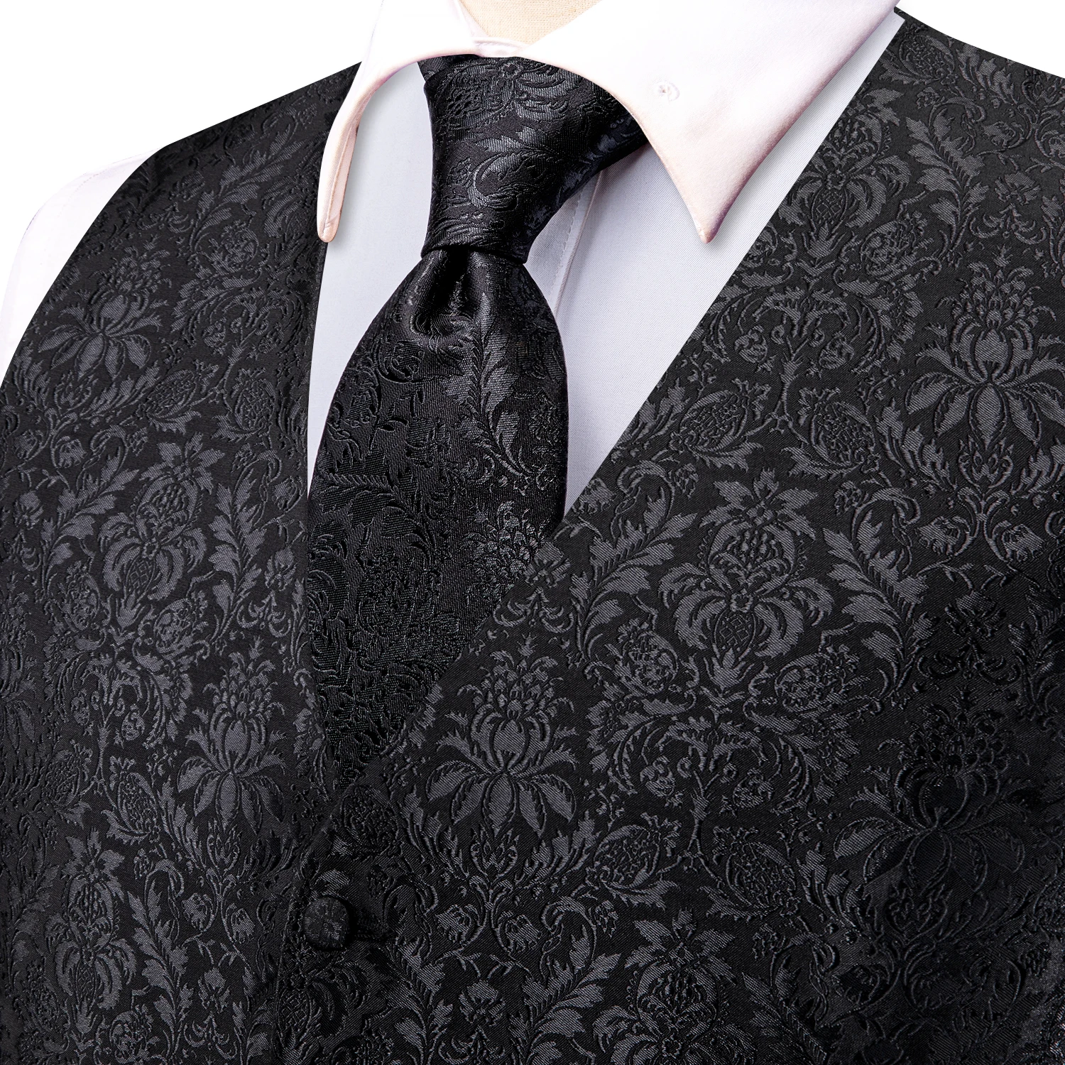 Hi-Tie 4PC Black Silk Mens Suit Vests Woven Floral Waistcoat Tie Pocket Square Cufflink Business Wedding Dress Waist Jacket