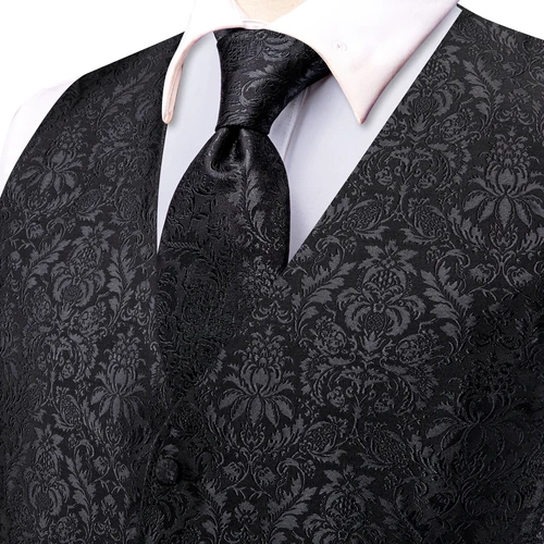 Hi-Tie-chalecos de traje de seda negra para hombre, chaleco tejido Floral, corbata de bolsillo, gemelos cuadrados, chaqueta de cintura para vestido de boda de negocios, 4 piezas