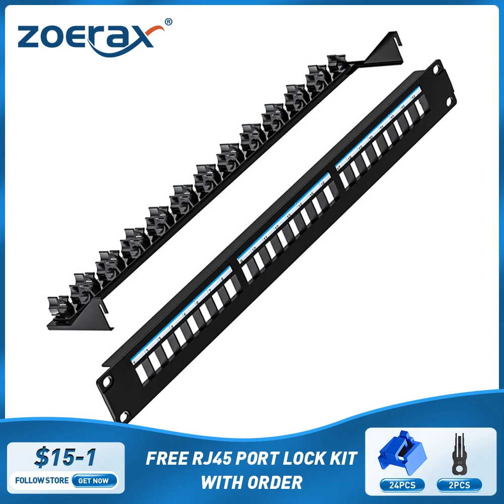 ZoeRax 24-portowy pusty panel krosowy UTP z regulowaną tylną listwą zarządzającą kablami dla RJ45 CAT5e, CAT6, CAT6A, USB, HDMI