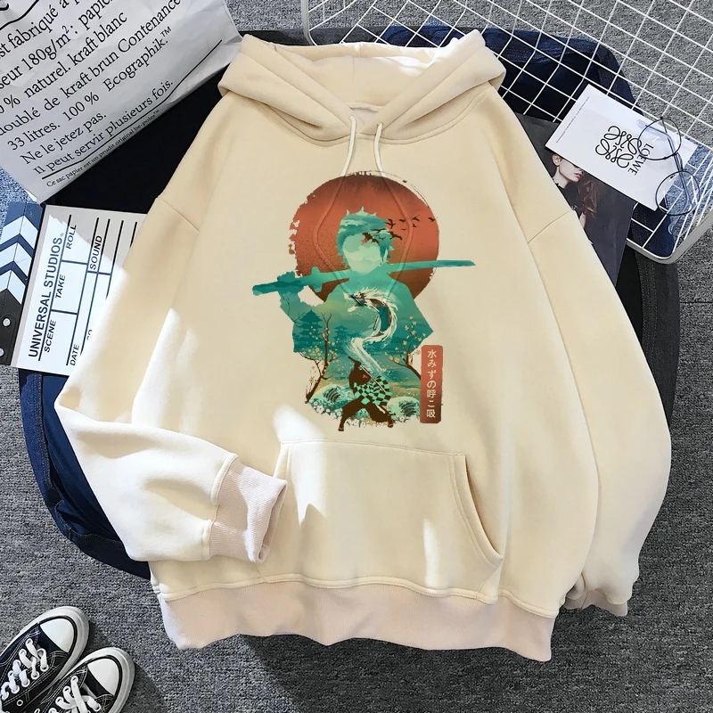 Japan Anime Demon Slayer Hoodies Unisex Japanese 2000s Style Y2k Casual Hooded Sweatshirt Harajuku Cartoon Manga Khaki Pullovers