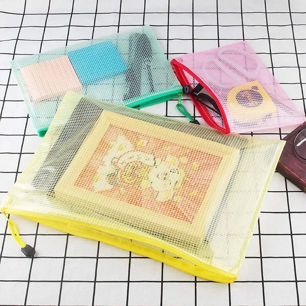 INS Thickened Zipper Grid Bag Waterproof Large-Capacity File Bag PVC Transparent Pen Bag School Office