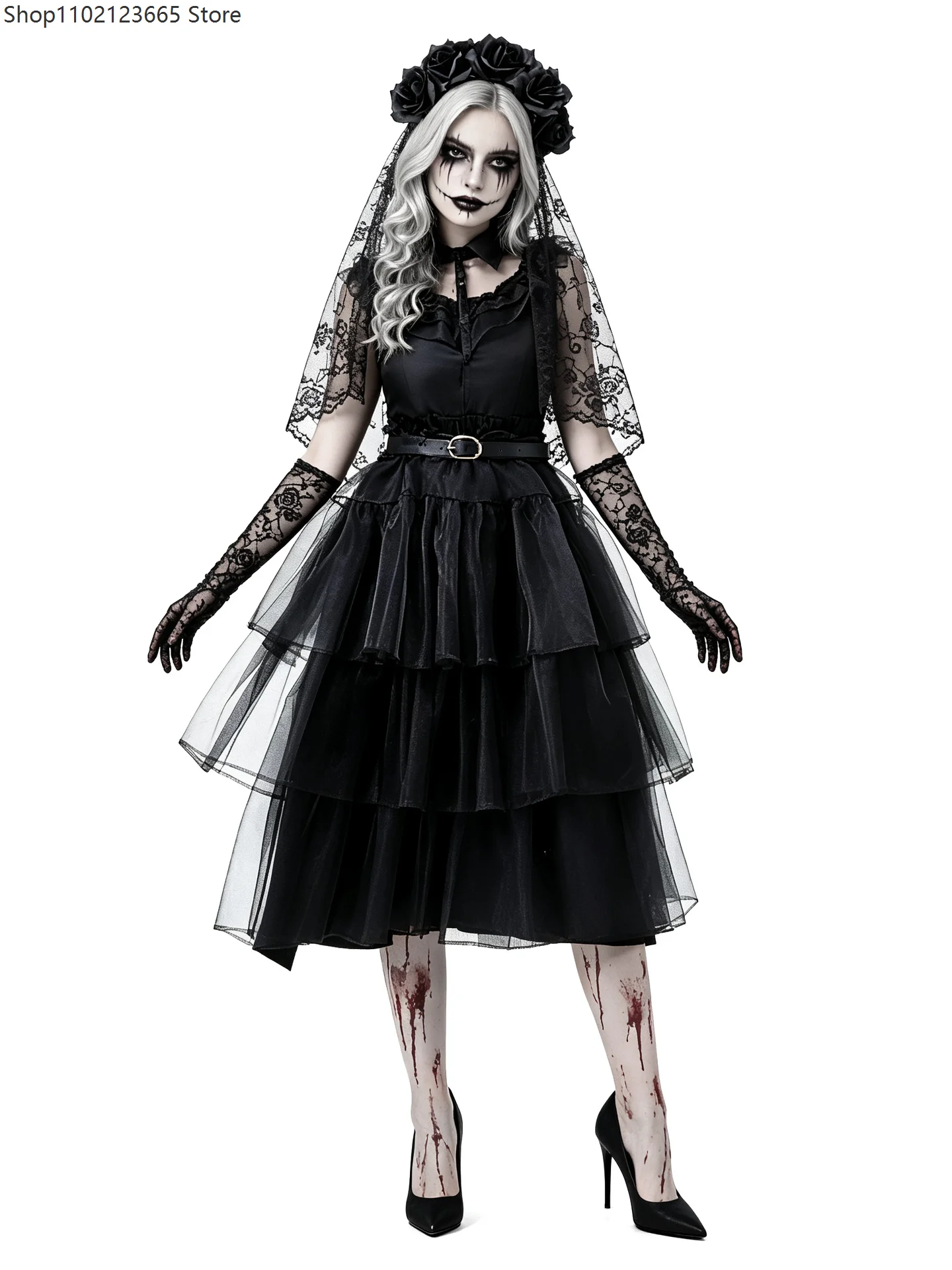 Womens Gothic Bloody Zombie Bride Cosplay Dress Rose Veil Lace Gloves Halloween Dark Horror Stage Role Play Fancy Dress Costume - view 6