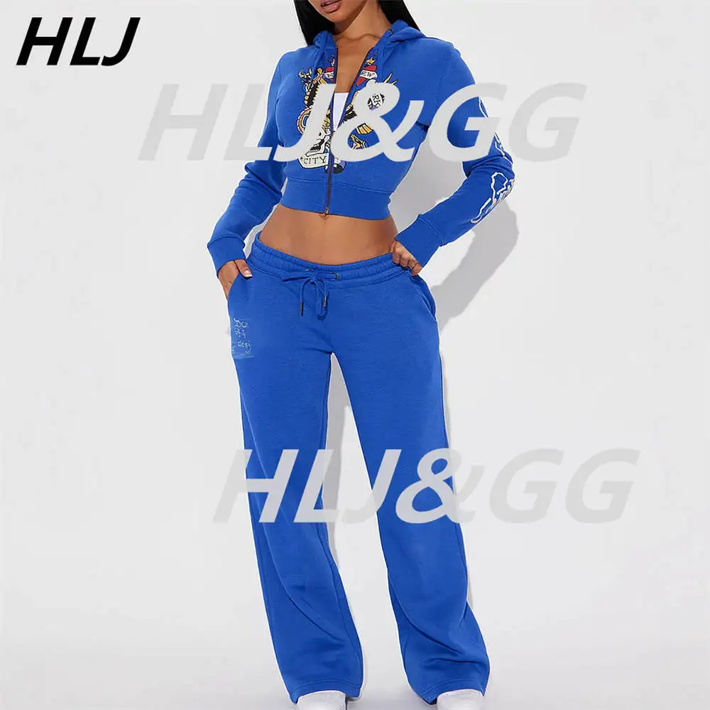 HLJ Y2K Fashion Pattern Print Two Piece Sets Women Zipper Hooded Long Sleeve Crop Top And Pants Outfits Autumn New 2pcs Clothing