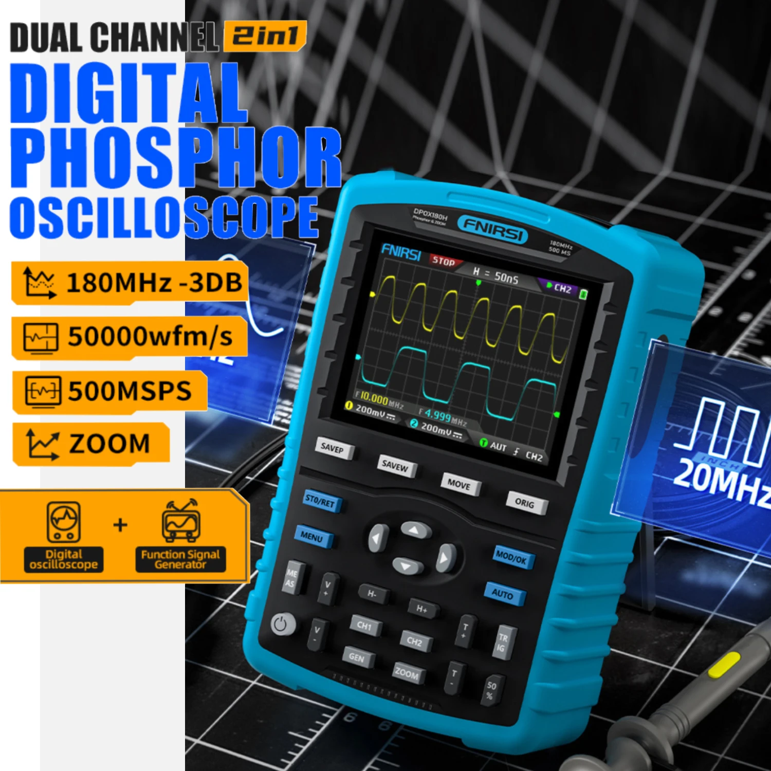 Handheld Digital Oscilloscope 180M Dual Channel 2-in-1 Signal Generator Car Maintenance Analysis Portable Oscilloscope DPOX180H