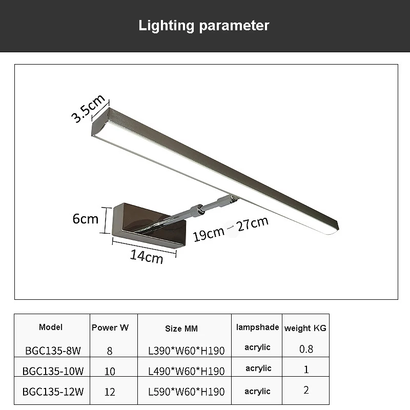 โคมไฟกระจกห้องน้ำทันสมัย LED 8W/10W, โคมไฟกระจกห้องน้ำโคมไฟโต๊ะเครื่องแป้งไฟตู้ AC85-265V