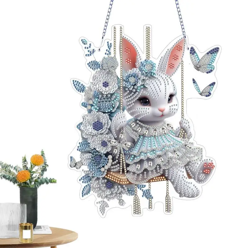 Bunny Rhinestone Painting Pendant 5D Rhinestone Painting Bunny Flowers Hangable Ornament Easter Art Craft Kit for Adult Window