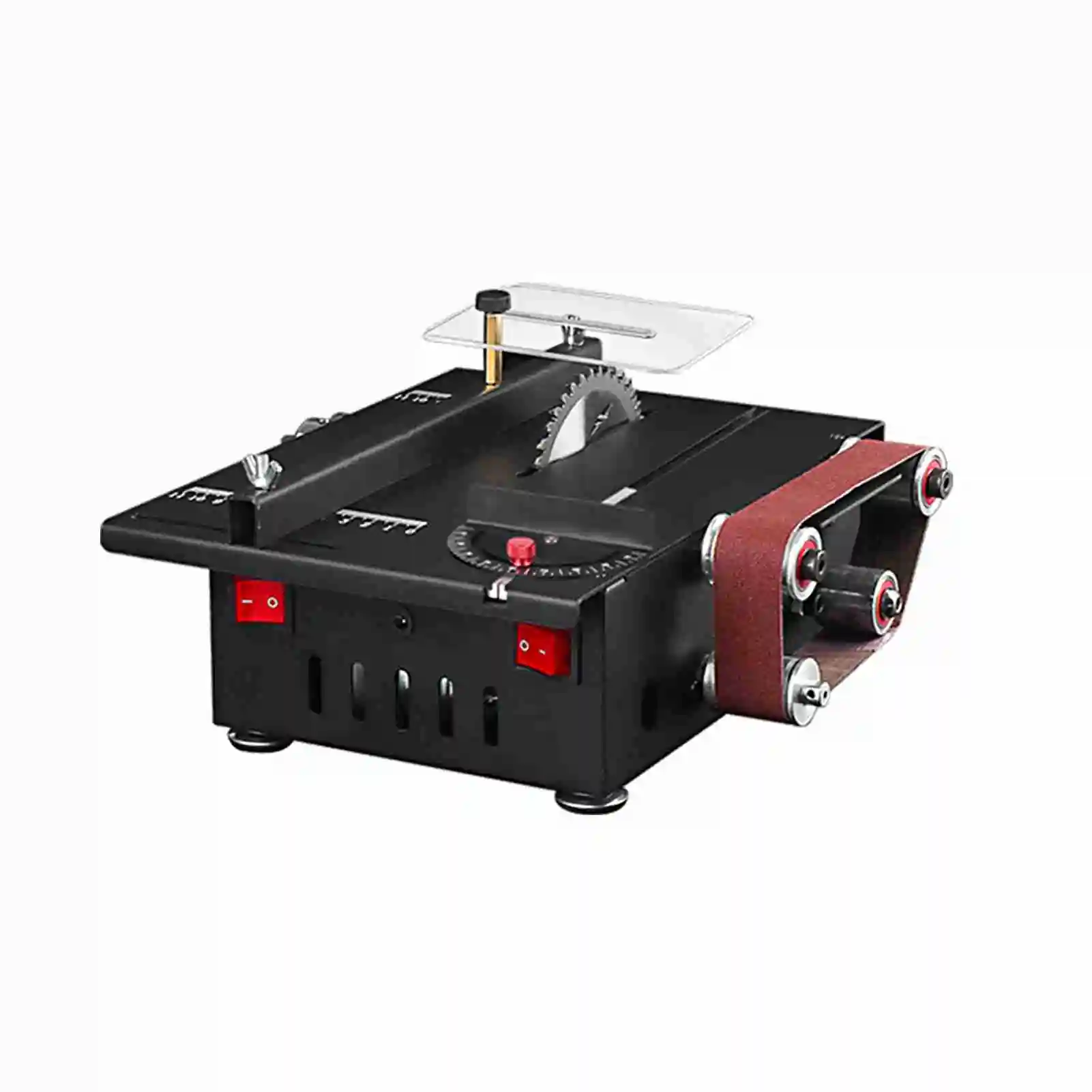 200W Mini Bench Saw and Belt Sander with Extension Rod, Collet, Grinding Carving Drilling Kit, Variable Speed Circular Table