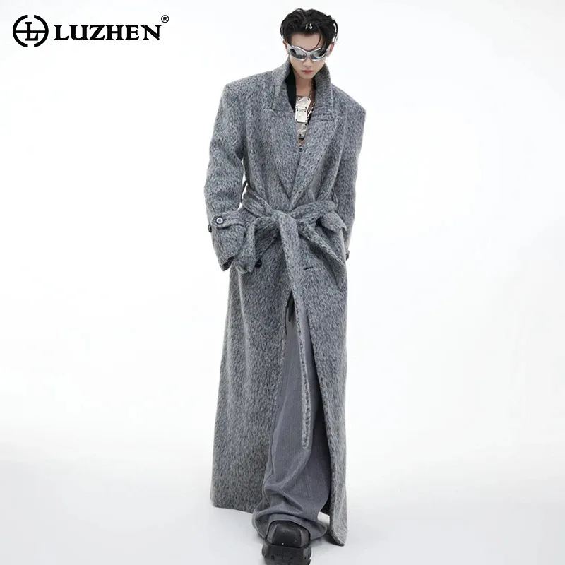 LUZHEN Autumn Winter Niche Plush Woolen Coat Loose Belt Decorate Long Men's Windbreaker High End Luxury Casual Outerwear LZ6386