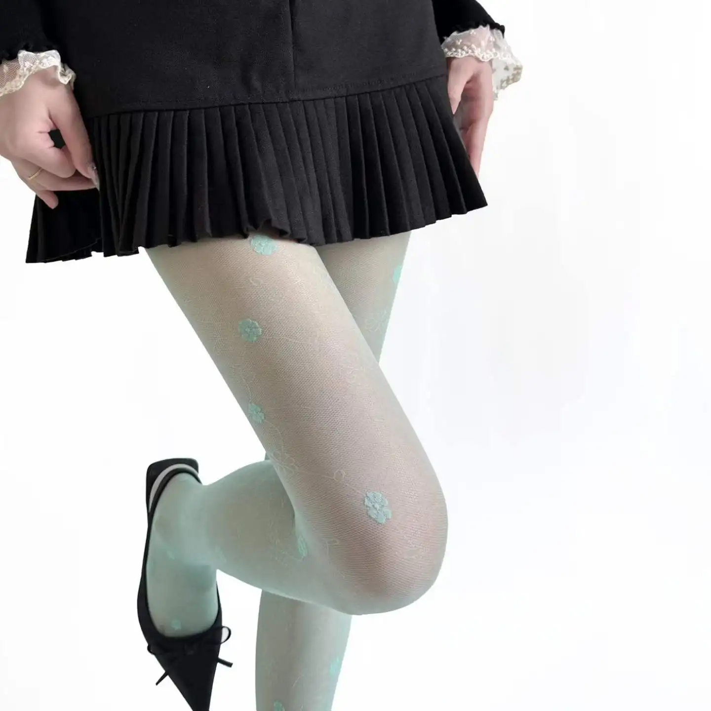 Summer Ultra-thin Flesh Through Pantyhose Japanese Cute Jumpsuit Fresh Mint Green Jacquard Tights Stockings