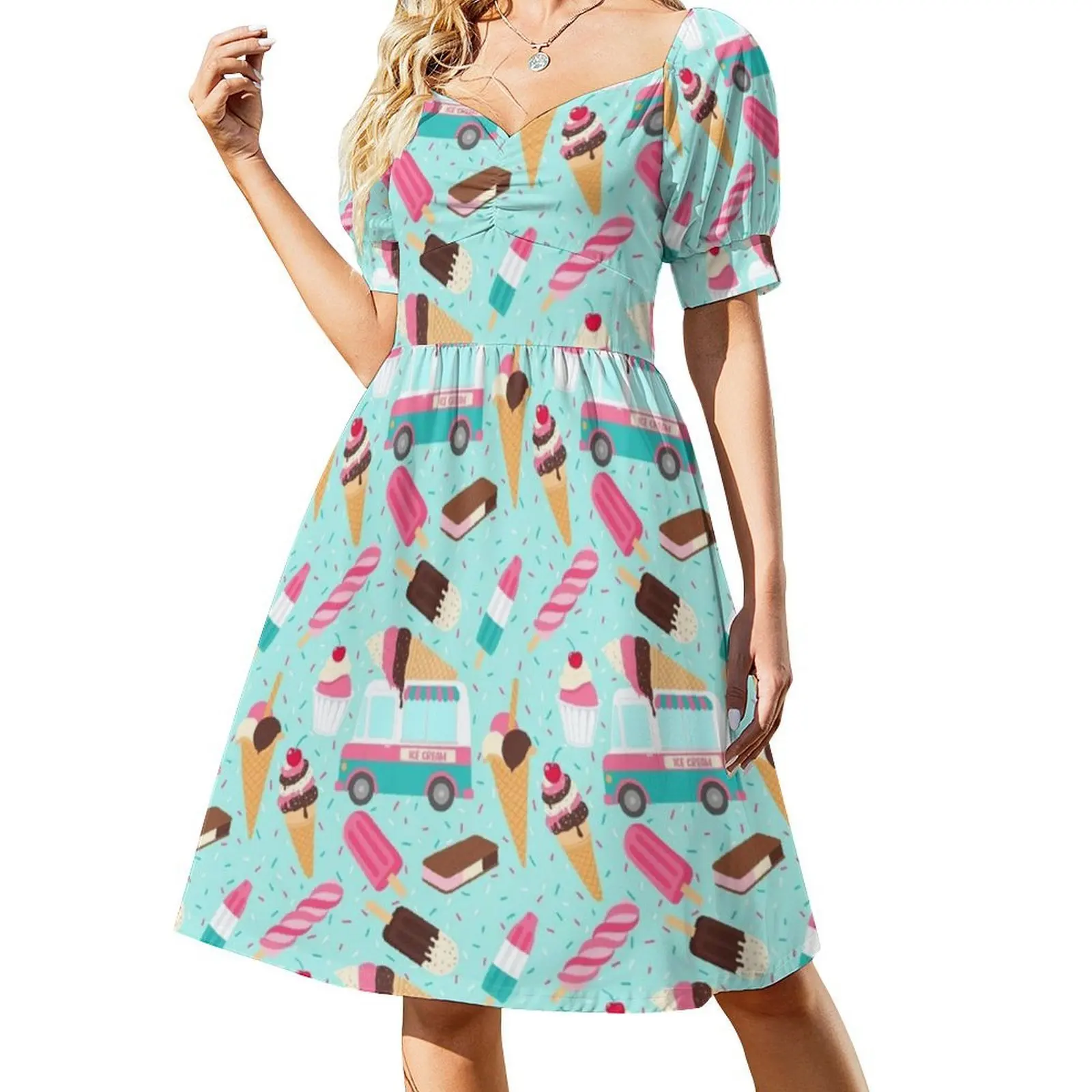 Ice Cream Truck Bohemian Sleeveless Dress For Women Print Beach Party Dresses Ice Cream Truck Summer Firecracker Ice Women's