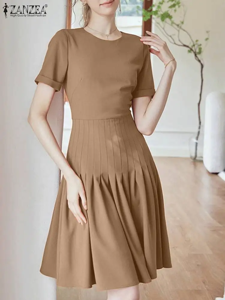 

Fashion A Line Pleated Dress ZANZEA Women Summer Sundress Fashion Solid Work OL Vestidos O Neck Short Sleeve Party Robe Kaftan