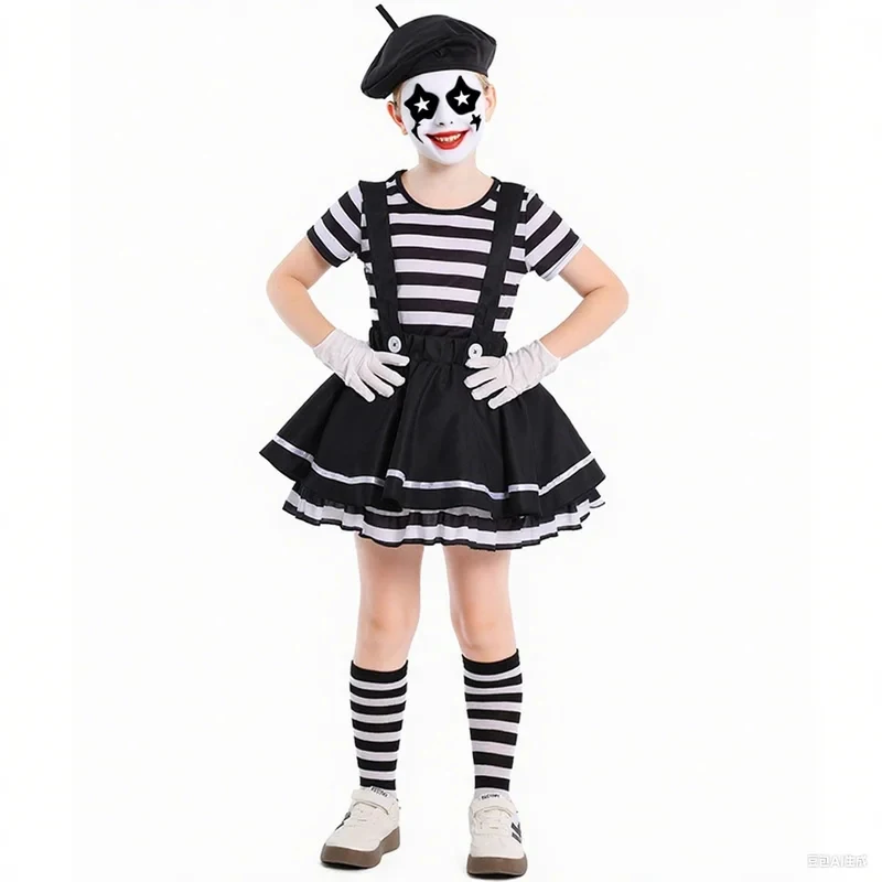 

ABC123Silent Actor Mime Artist Clown Cosplay Black White Stripes T Shirt Skirt Gloves French Halloween Fancy Dress fo3'd,5;h.9/