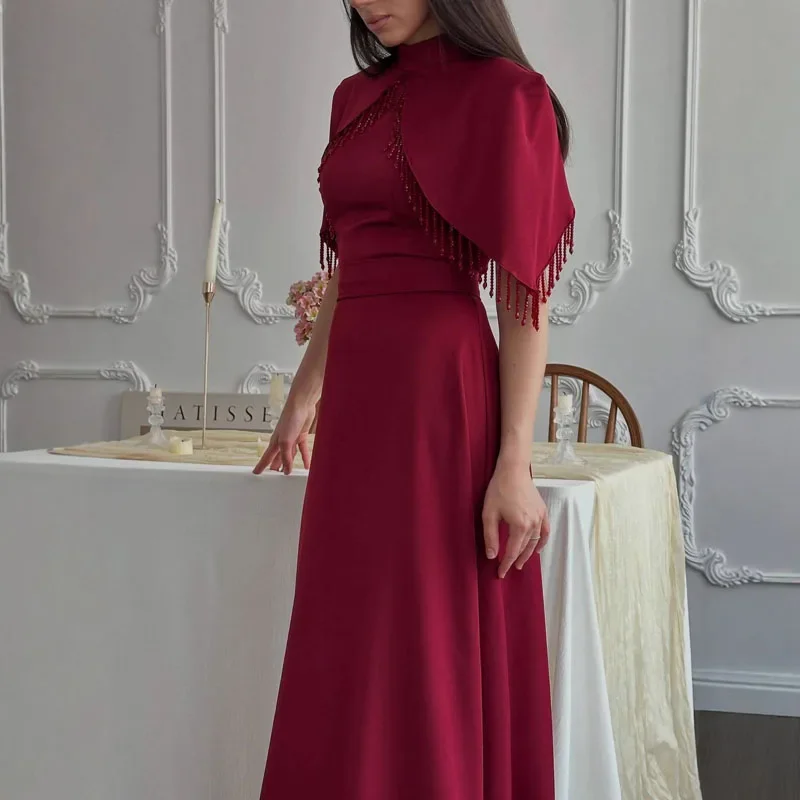 

Elegant High Necked Shawl Sleeve Party Dress Women Fashion Tassel Splicing Evening Dress Casual Waist Slim Solid Pleat Red Dress